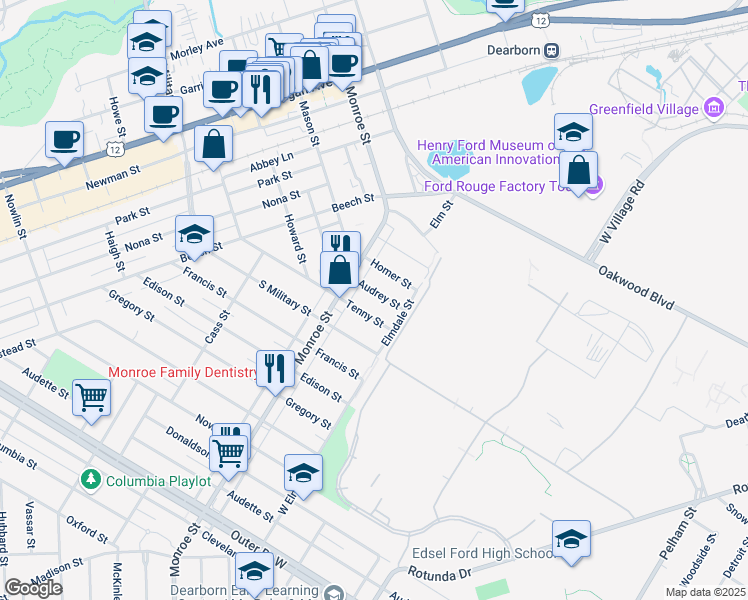 map of restaurants, bars, coffee shops, grocery stores, and more near 21530 Tenny Street in Dearborn