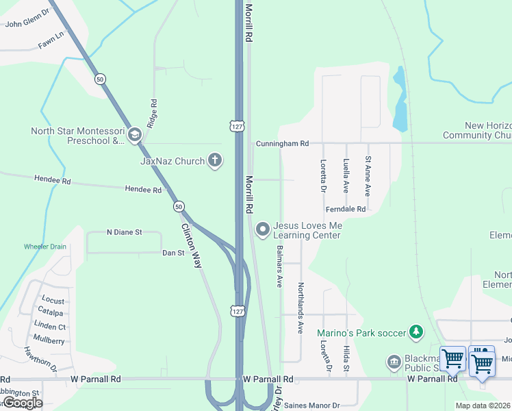 map of restaurants, bars, coffee shops, grocery stores, and more near 3491 Morrill Road in Jackson
