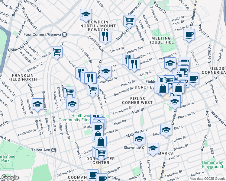 map of restaurants, bars, coffee shops, grocery stores, and more near 67 Dakota Street in Boston