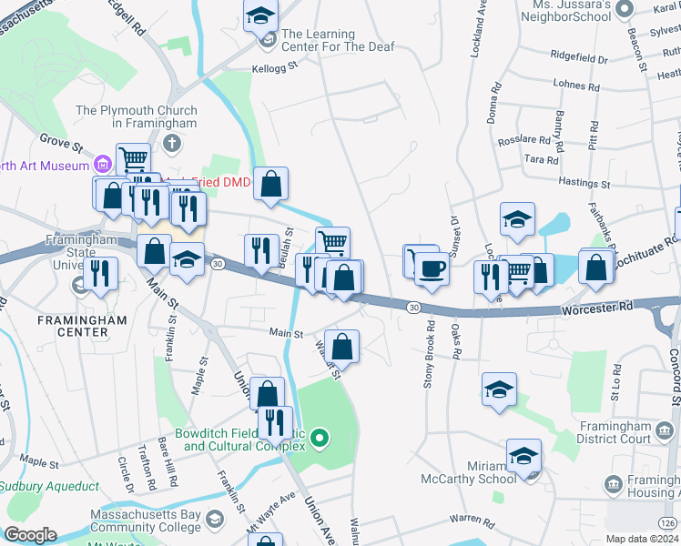 map of restaurants, bars, coffee shops, grocery stores, and more near 659 Worcester Road in Framingham