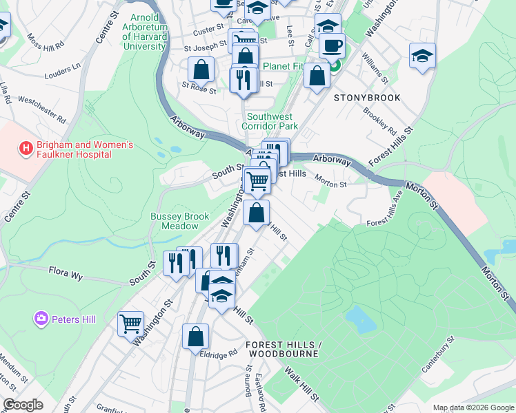 map of restaurants, bars, coffee shops, grocery stores, and more near 19 Weld Hill Street in Boston