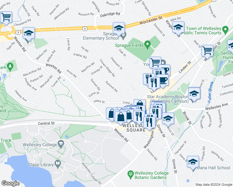 map of restaurants, bars, coffee shops, grocery stores, and more near 16 Summit Road in Wellesley