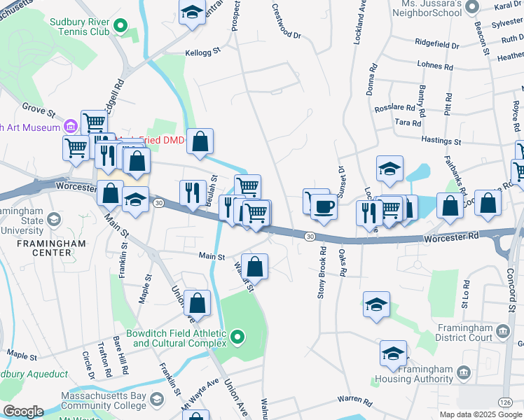 map of restaurants, bars, coffee shops, grocery stores, and more near 659 Worcester Road in Framingham