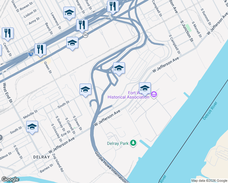 map of restaurants, bars, coffee shops, grocery stores, and more near 647 South Waterman Street in Detroit