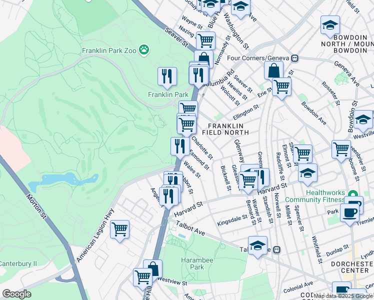 map of restaurants, bars, coffee shops, grocery stores, and more near 764 Blue Hill Avenue in Boston