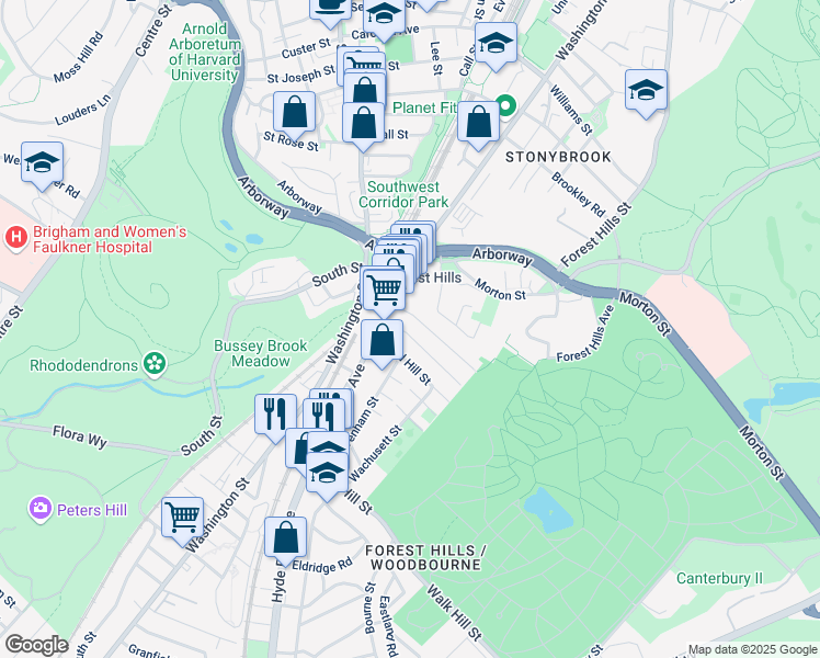 map of restaurants, bars, coffee shops, grocery stores, and more near 19 Weld Hill Street in Boston