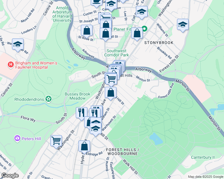 map of restaurants, bars, coffee shops, grocery stores, and more near 19 Weld Hill Street in Boston