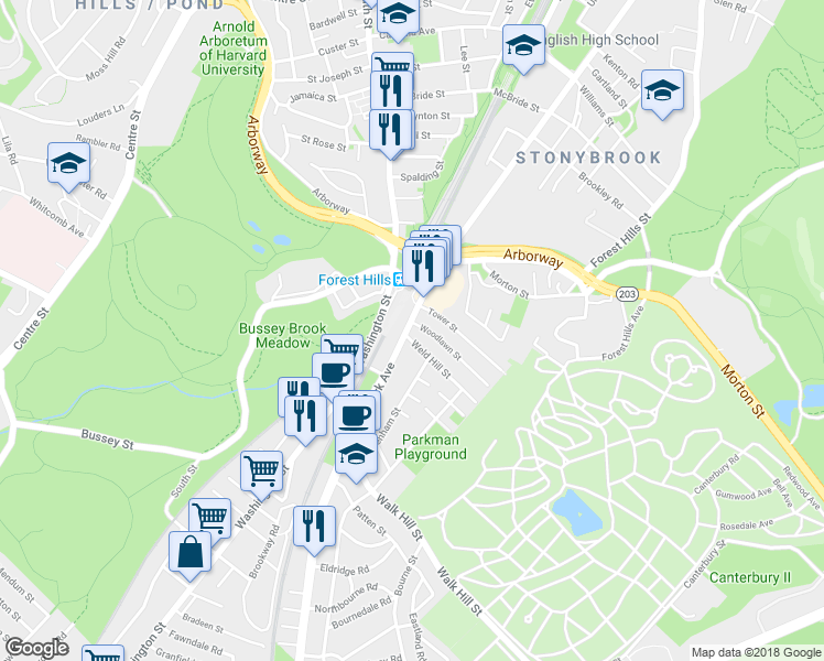 map of restaurants, bars, coffee shops, grocery stores, and more near 19 Weld Hill Street in Boston