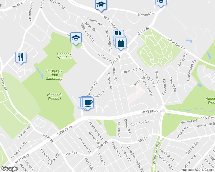 map of restaurants, bars, coffee shops, grocery stores, and more near 26 Thornton Road in Brookline