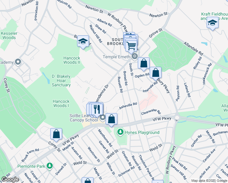 map of restaurants, bars, coffee shops, grocery stores, and more near 26 Thornton Road in Brookline