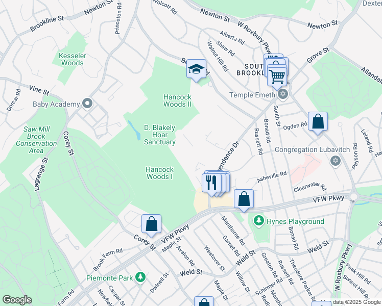 map of restaurants, bars, coffee shops, grocery stores, and more near 102 Sherman Road in Boston