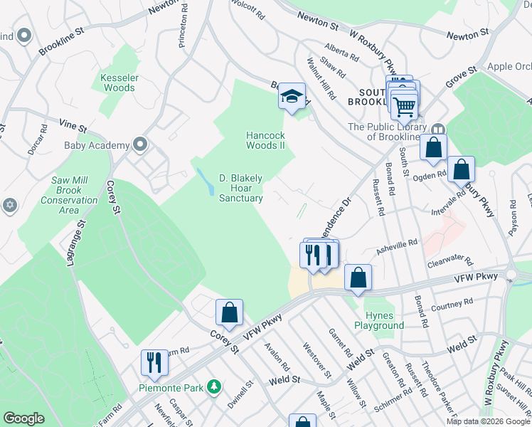 map of restaurants, bars, coffee shops, grocery stores, and more near 102 Sherman Road in Boston