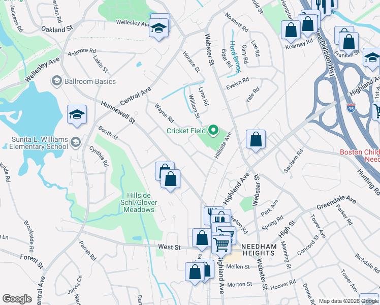 map of restaurants, bars, coffee shops, grocery stores, and more near 36 Pine Grove Street in Needham