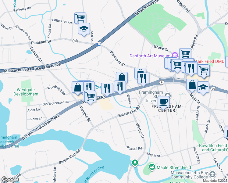 map of restaurants, bars, coffee shops, grocery stores, and more near 1170 Worcester Road in Framingham