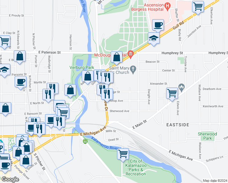 map of restaurants, bars, coffee shops, grocery stores, and more near 1025 Hotop Avenue in Kalamazoo