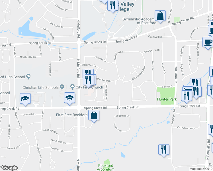 map of restaurants, bars, coffee shops, grocery stores, and more near 6124 Boxwood Drive in Rockford