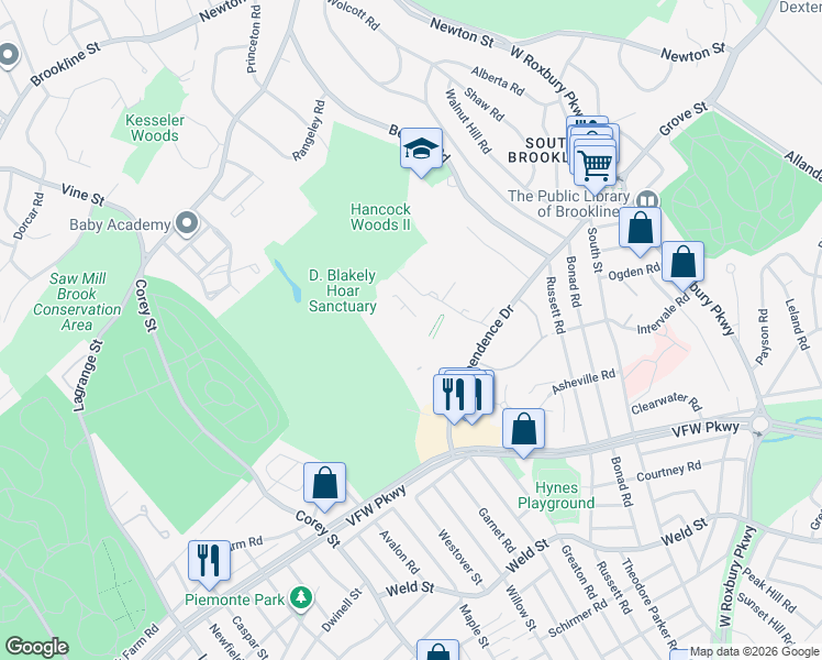 map of restaurants, bars, coffee shops, grocery stores, and more near 102 Sherman Road in Boston