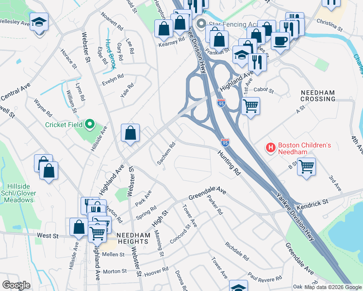 map of restaurants, bars, coffee shops, grocery stores, and more near 119 Woodbine Circle in Needham