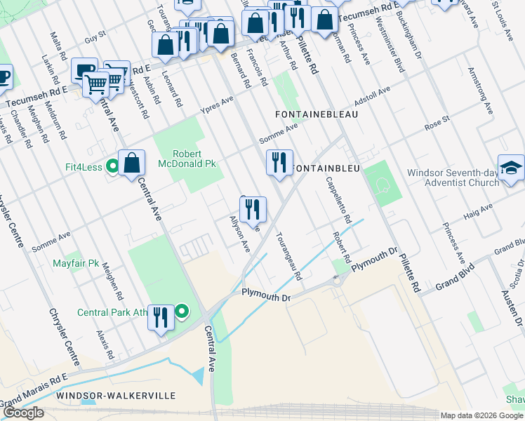 map of restaurants, bars, coffee shops, grocery stores, and more near 2643 Tourangeau Road in Windsor