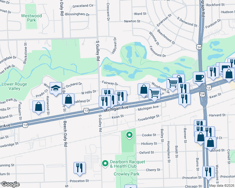 map of restaurants, bars, coffee shops, grocery stores, and more near in Dearborn