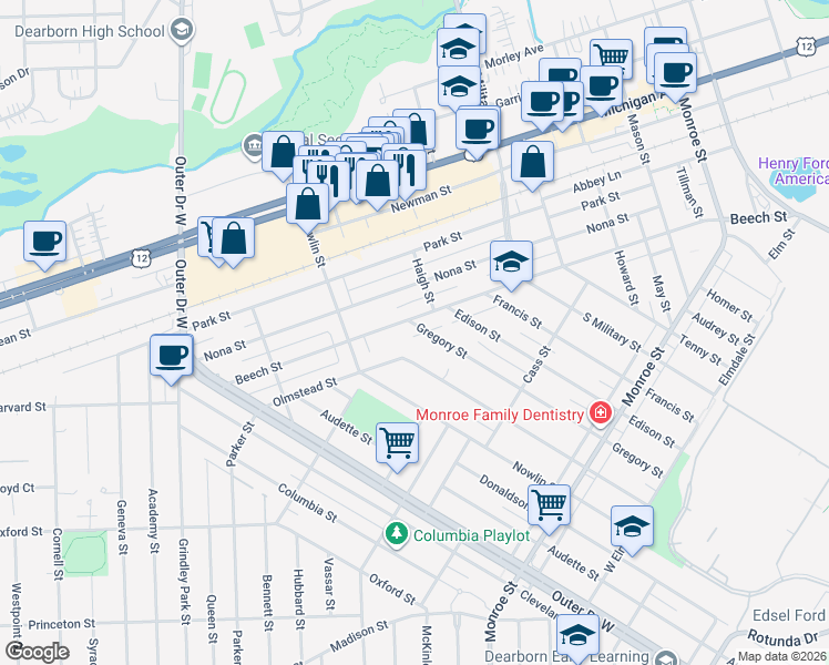 map of restaurants, bars, coffee shops, grocery stores, and more near 22724 Olmstead Street in Dearborn