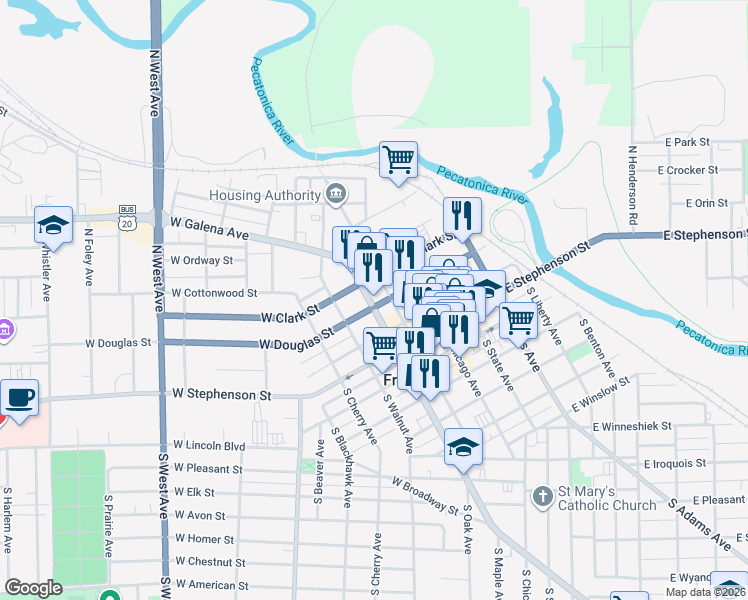 map of restaurants, bars, coffee shops, grocery stores, and more near 209 West Douglas Street in Freeport