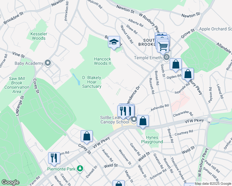 map of restaurants, bars, coffee shops, grocery stores, and more near 40 Sherman Road in Boston