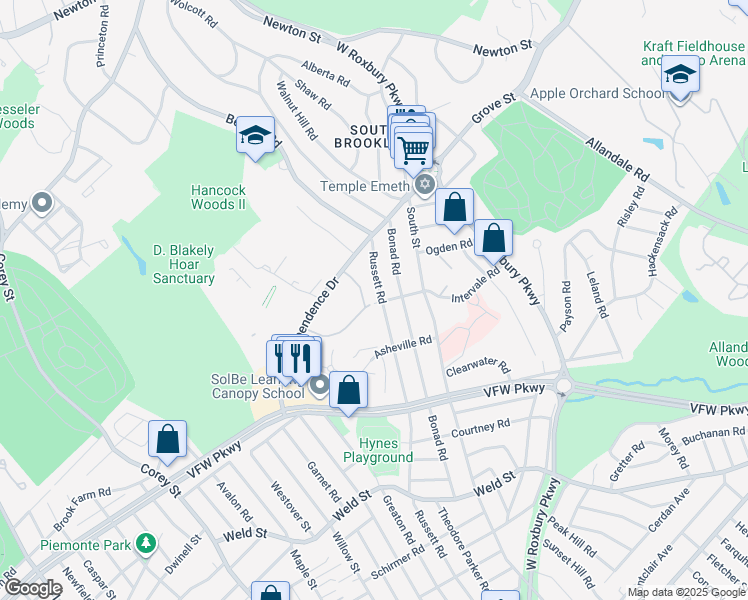 map of restaurants, bars, coffee shops, grocery stores, and more near 37 Thornton Road in Brookline