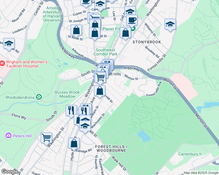 map of restaurants, bars, coffee shops, grocery stores, and more near 48 Woodlawn Street in Boston
