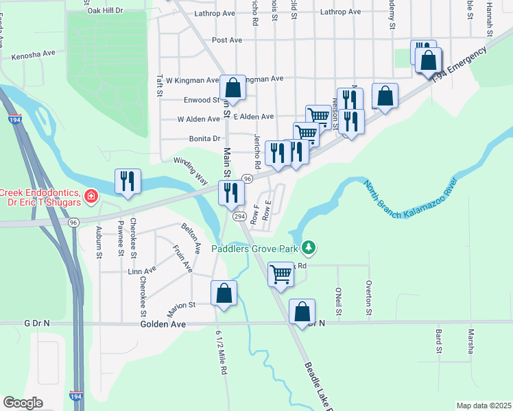 map of restaurants, bars, coffee shops, grocery stores, and more near Baker Mobile Home Park in Battle Creek