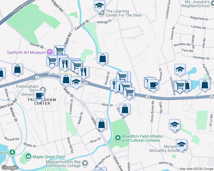 map of restaurants, bars, coffee shops, grocery stores, and more near 43 Beulah Street in Framingham