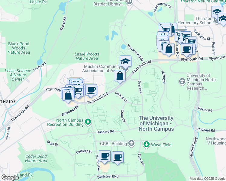 map of restaurants, bars, coffee shops, grocery stores, and more near Plymouth Rd & Bishop St in Ann Arbor
