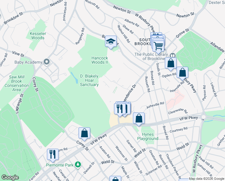 map of restaurants, bars, coffee shops, grocery stores, and more near in Brookline
