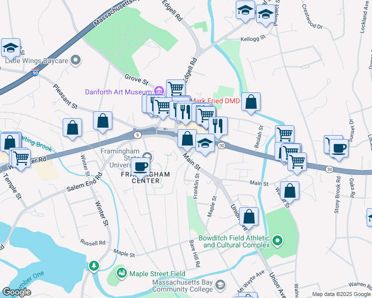 map of restaurants, bars, coffee shops, grocery stores, and more near 860 Worcester Road in Framingham