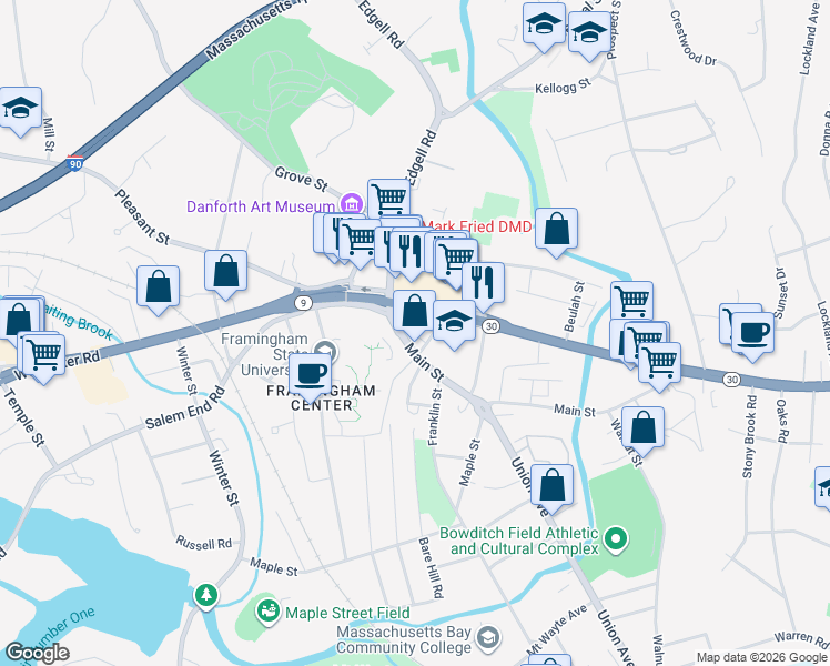 map of restaurants, bars, coffee shops, grocery stores, and more near 860 Worcester Road in Framingham