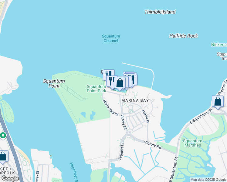 map of restaurants, bars, coffee shops, grocery stores, and more near 532 Victory Road in Quincy