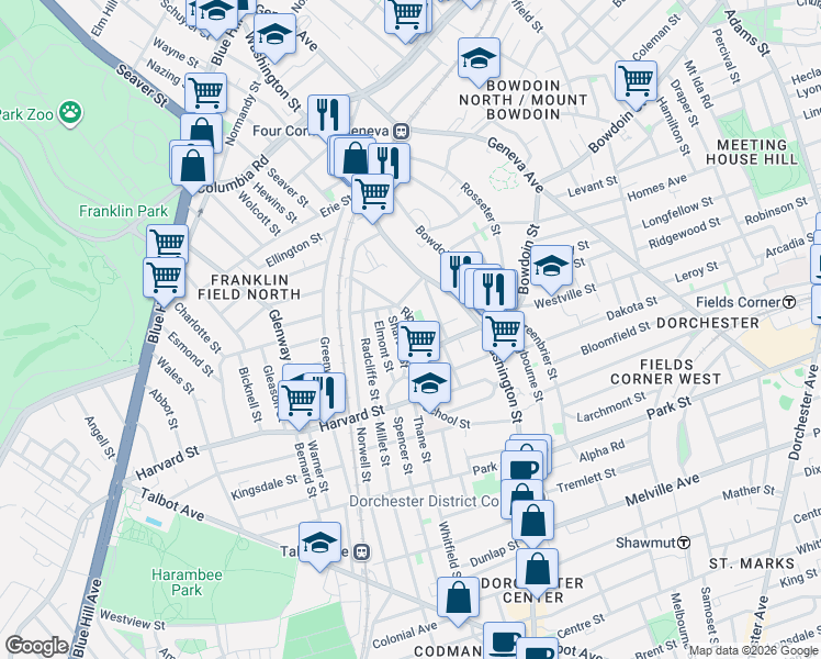 map of restaurants, bars, coffee shops, grocery stores, and more near 22 Harvard Avenue in Boston