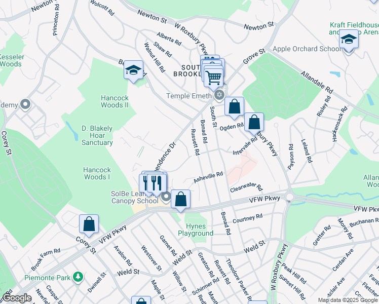 map of restaurants, bars, coffee shops, grocery stores, and more near 358 Russett Road in Brookline