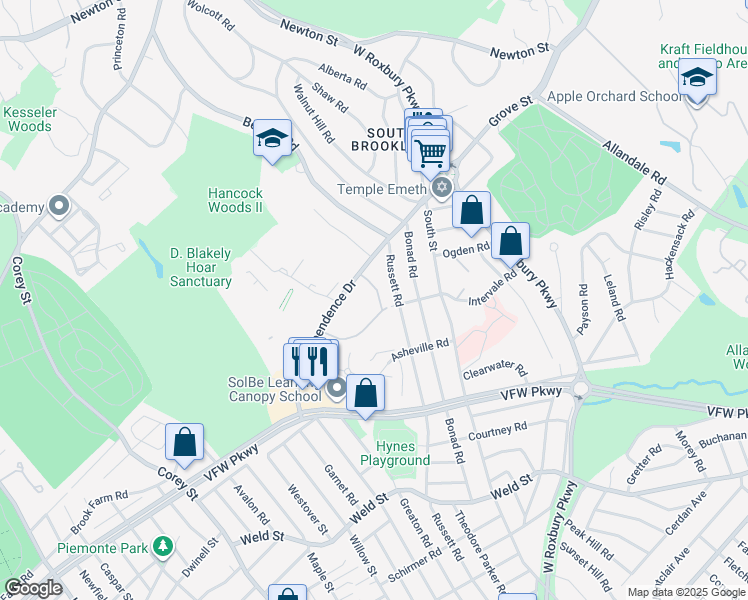 map of restaurants, bars, coffee shops, grocery stores, and more near 358 Russett Road in Brookline