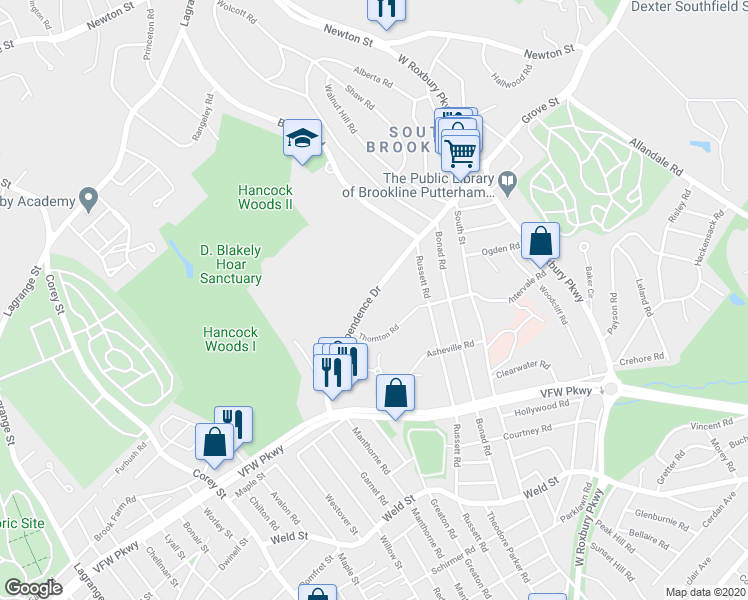 map of restaurants, bars, coffee shops, grocery stores, and more near in Brookline
