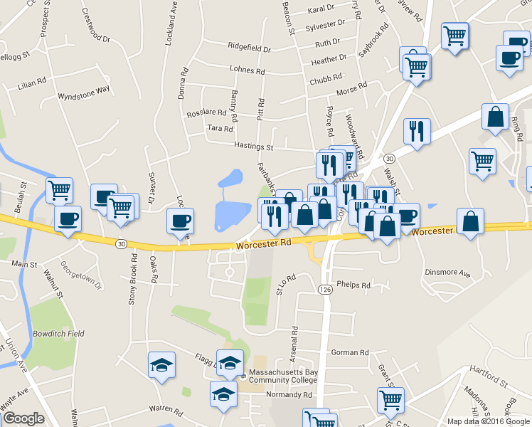 map of restaurants, bars, coffee shops, grocery stores, and more near 5 Fairbanks Road in Framingham