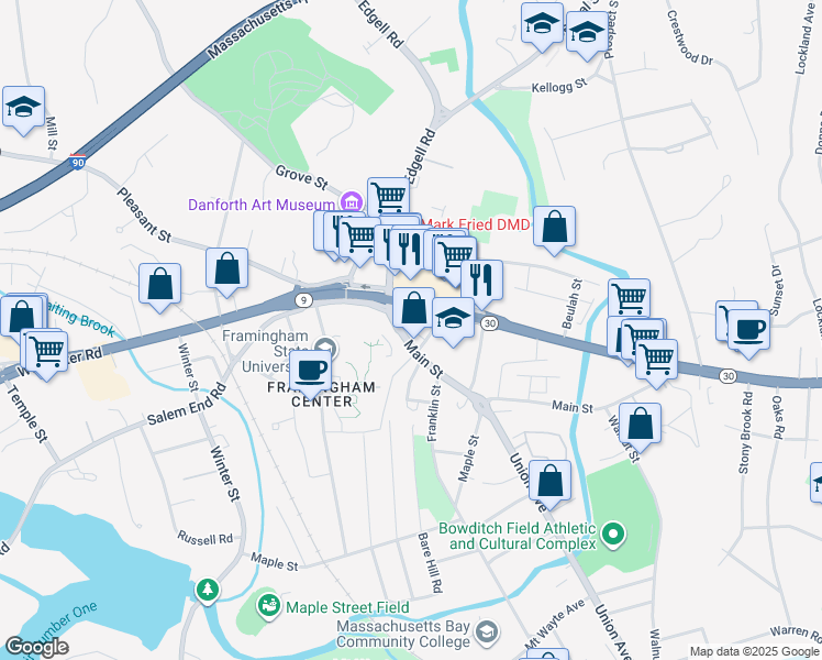 map of restaurants, bars, coffee shops, grocery stores, and more near 860 Worcester Road in Framingham