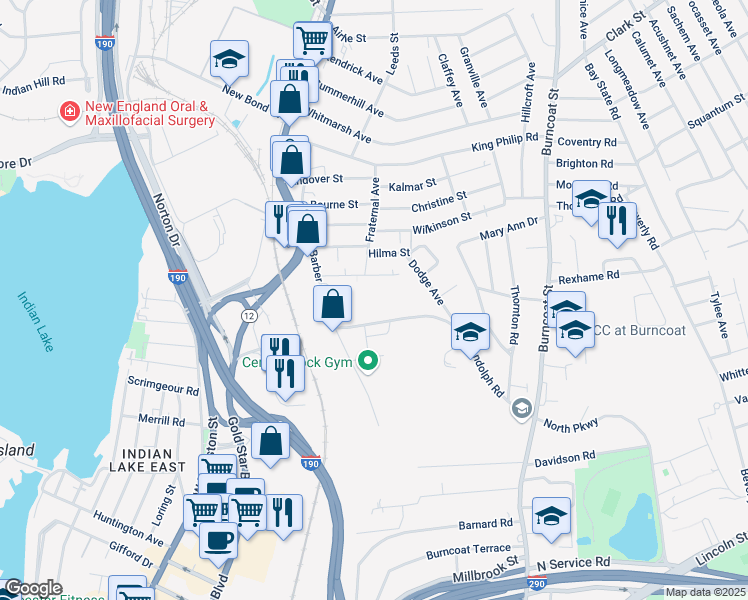 map of restaurants, bars, coffee shops, grocery stores, and more near 5 Wildey Avenue in Worcester