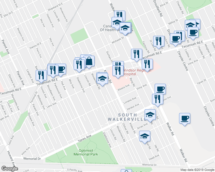 map of restaurants, bars, coffee shops, grocery stores, and more near 2194 Chilver Road in Windsor