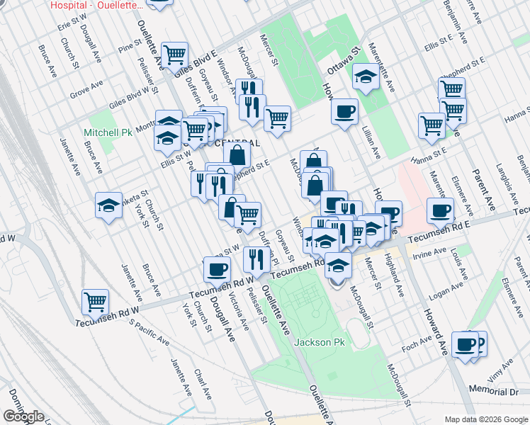 map of restaurants, bars, coffee shops, grocery stores, and more near in Windsor