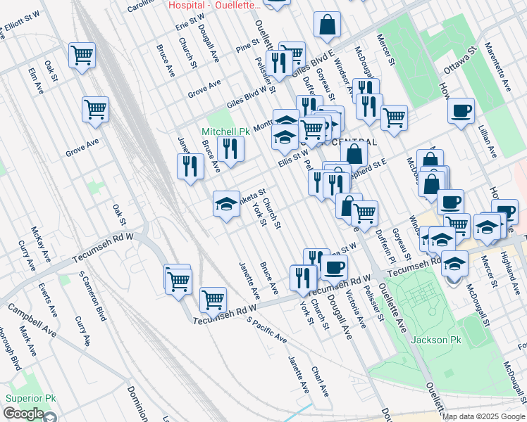 map of restaurants, bars, coffee shops, grocery stores, and more near 409 Wahketa Street in Windsor