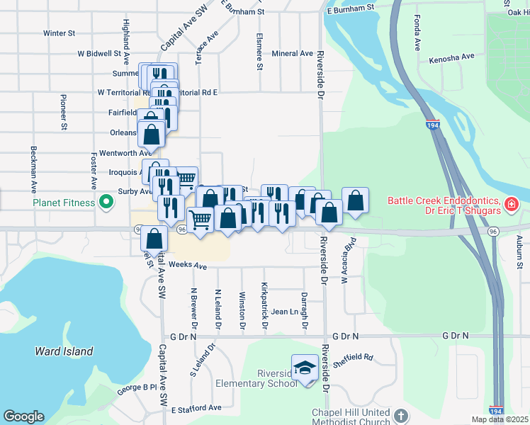 map of restaurants, bars, coffee shops, grocery stores, and more near 87 Griffin Court in Battle Creek