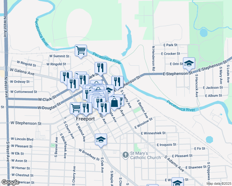 map of restaurants, bars, coffee shops, grocery stores, and more near 216 East Stephenson Street in Freeport