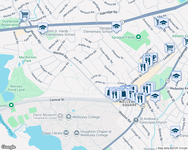 map of restaurants, bars, coffee shops, grocery stores, and more near 1 Avon Road in Wellesley