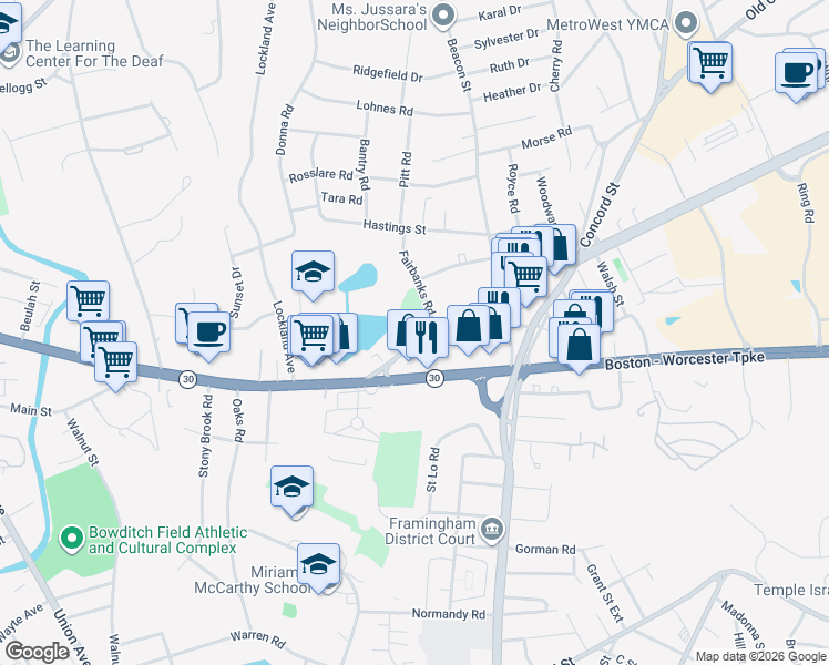 map of restaurants, bars, coffee shops, grocery stores, and more near 5 Fairbanks Road in Framingham